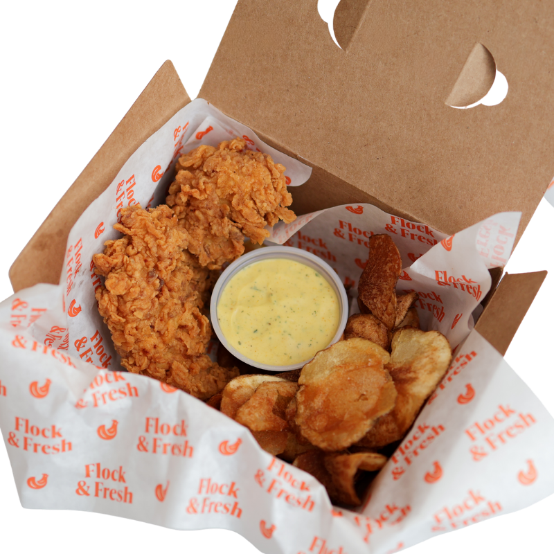 crispy chicken tenders with house-made chips - Flock & Fresh Dallas